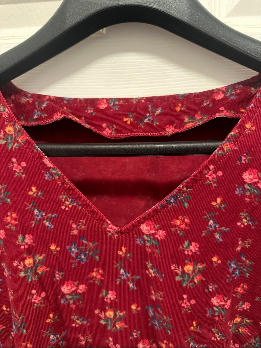 Crimson Floral V-Neck Long Sleeve Corduroy Cottagecore Midi Dress Plus Size - Picture 2 of 3